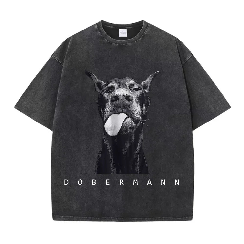 Camisetas femininas de algodão lavadas, moda criativa, estampa de Doberman, manga curta, gola redonda, folgadas, estilo destroyed, roupas femininas de rua