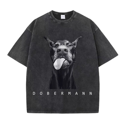 Camisetas femininas de algodão lavadas, moda criativa, estampa de Doberman, manga curta, gola redonda, folgadas, estilo destroyed, roupas femininas de rua