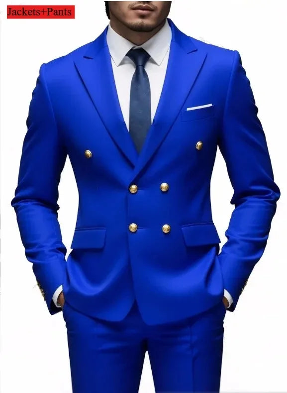 Navy Blue Double Breasted Men's Tuxedo with Gold Buttons High Quality Business Suit for Wedding Groom Party Prom