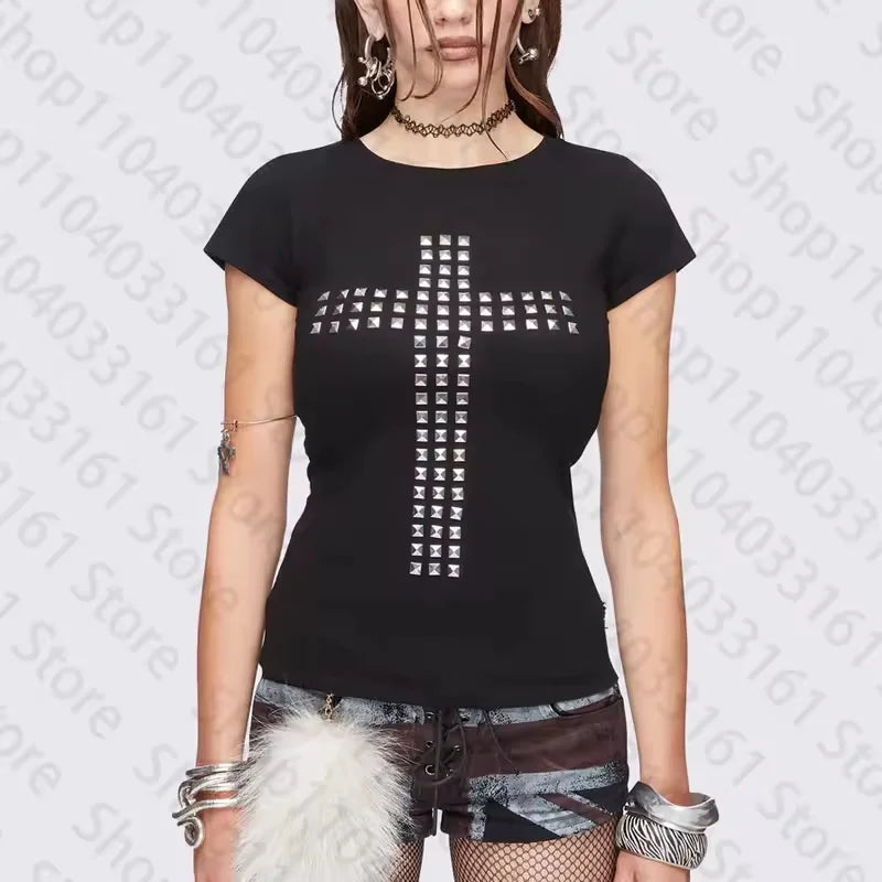 Gothic Grunge Punk Emo Girls Long Sleeve T-Shirt Sexy Slim Chic Print Casual Crop Tops Y2K Harajuku Aesthetic Women's Streetwear