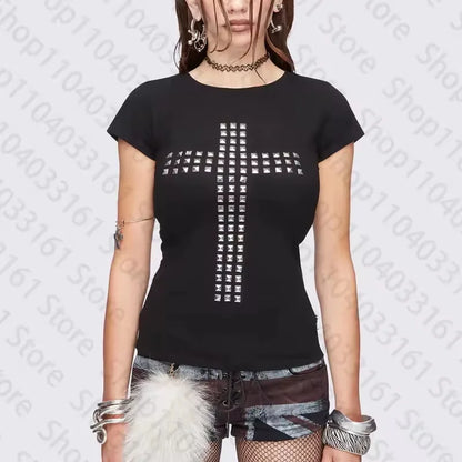 Gothic Grunge Punk Emo Girls Long Sleeve T-Shirt Sexy Slim Chic Print Casual Crop Tops Y2K Harajuku Aesthetic Women's Streetwear