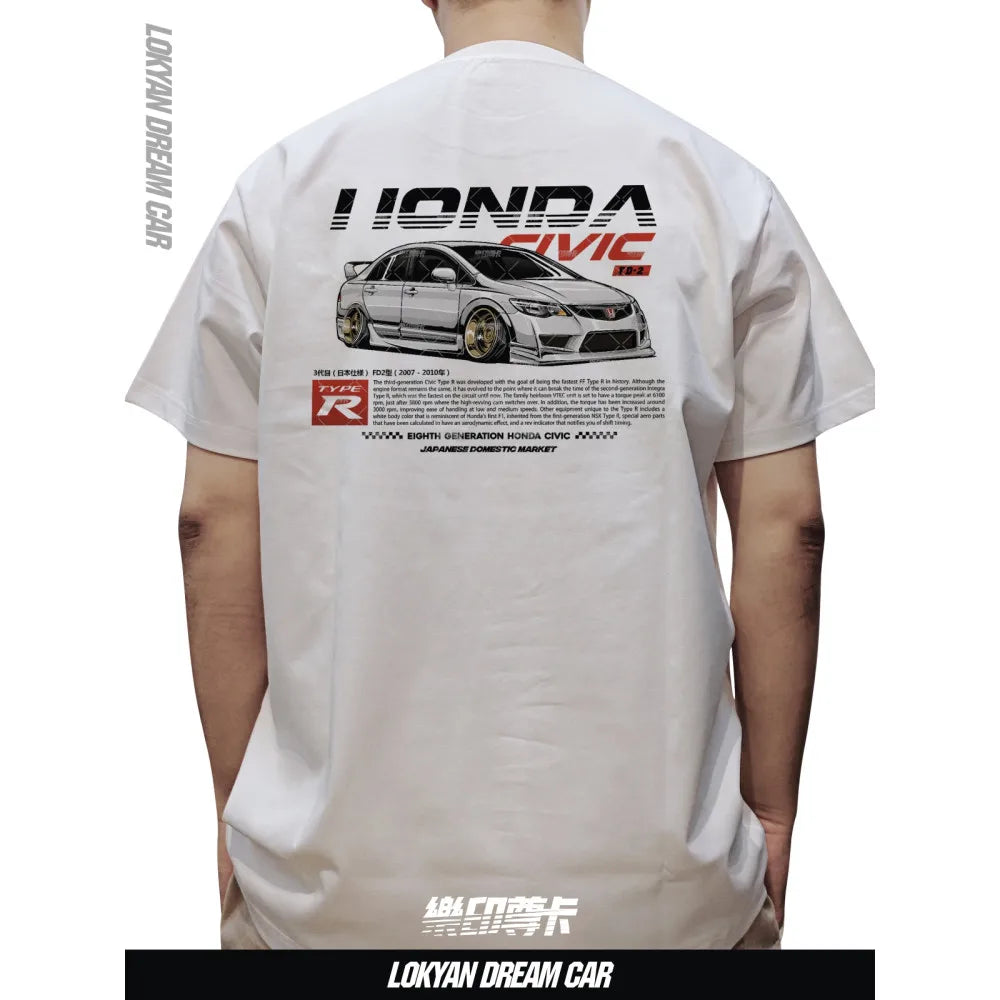 Civic Type R JDM Car T Shirt Racing Graphic Tee Men 100% Cotton Streetwear Back Print Top