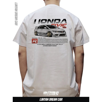 Civic Type R JDM Car T Shirt Racing Graphic Tee Men 100% Cotton Streetwear Back Print Top
