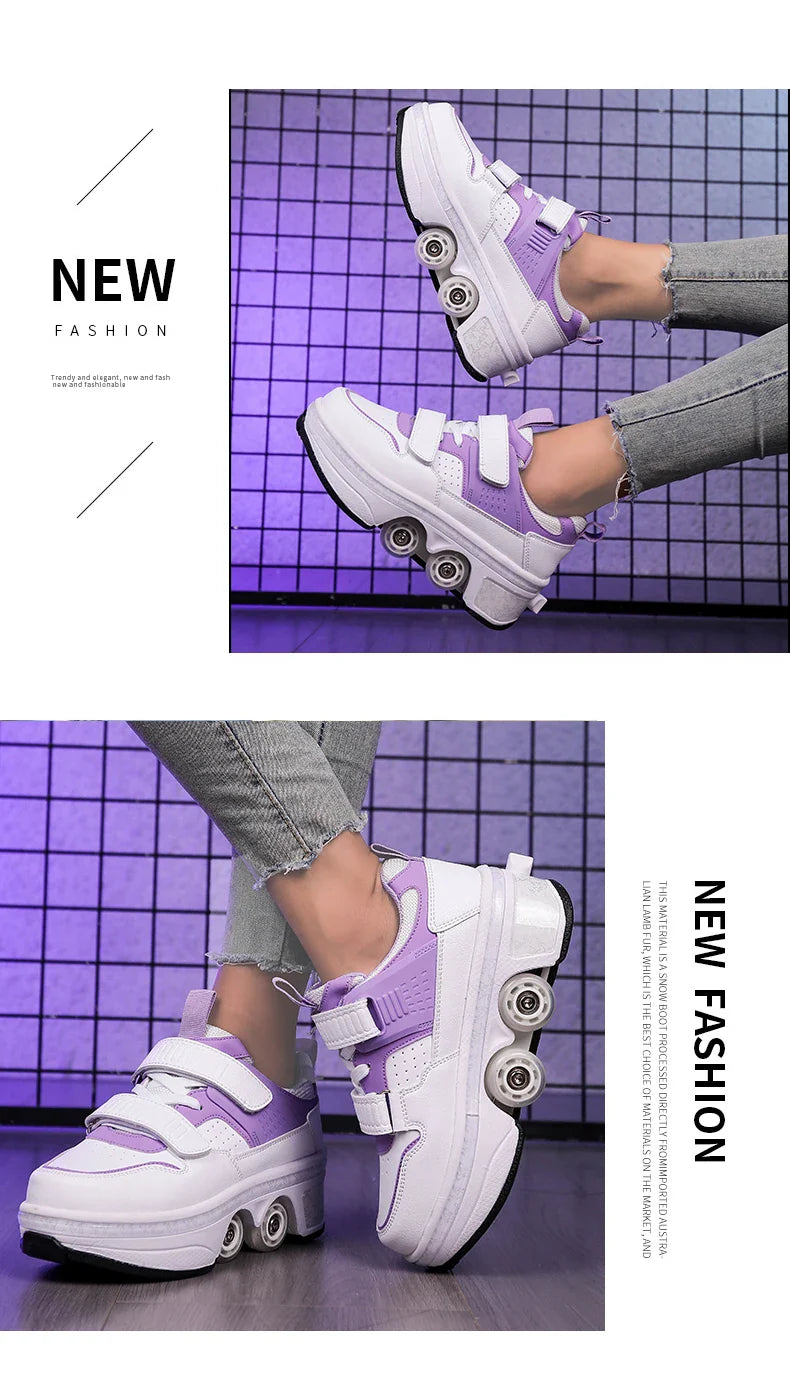 Children Wheels Shoes Roller Sneakers With 4 Wheels Skates Adult Runaway Parkour Deformation Shoes For Women Men Youth Kids Gift