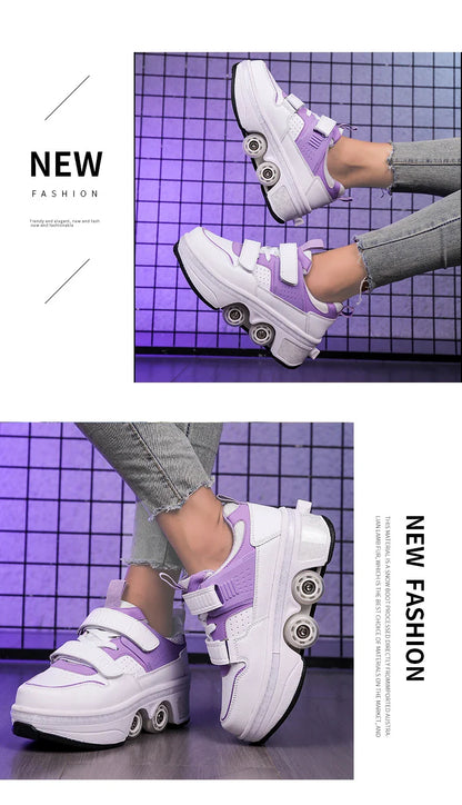 Children Wheels Shoes Roller Sneakers With 4 Wheels Skates Adult Runaway Parkour Deformation Shoes For Women Men Youth Kids Gift