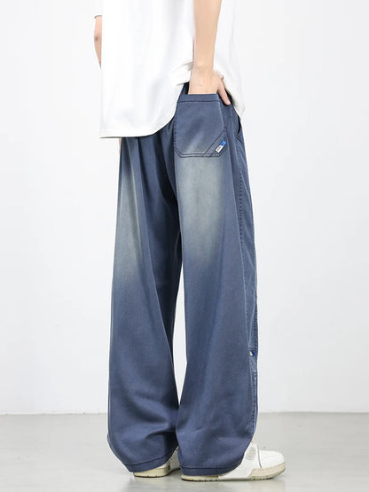 Summer Lyocell Men's Jeans Soft Elastic Washed Casual Pants Loose Lightweight Embroidery Wide Leg Straight Denim Trousers