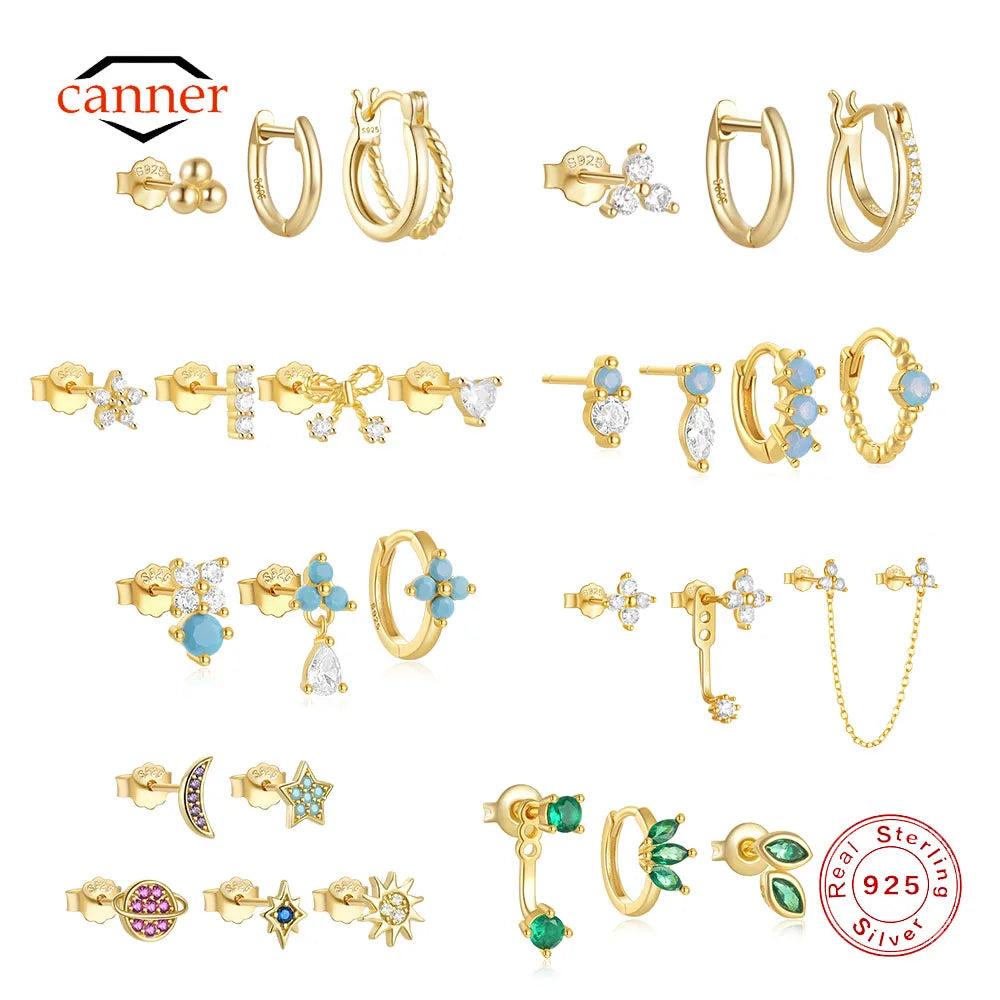 CANNER Set Double Layer Smooth Classic Hoop Earrings For Women 925 Sterling Silver Ins Flower Color Zircon Earrings Fine Jewelry