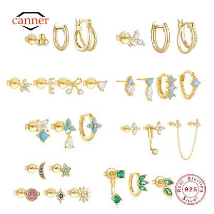 CANNER Set Double Layer Smooth Classic Hoop Earrings For Women 925 Sterling Silver Ins Flower Color Zircon Earrings Fine Jewelry