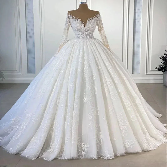 Customized Elegant Silky Lace V-Neck Full Sleeve A Line Wedding Dresses Beading Pearls Brown Skin Bridal Gowns