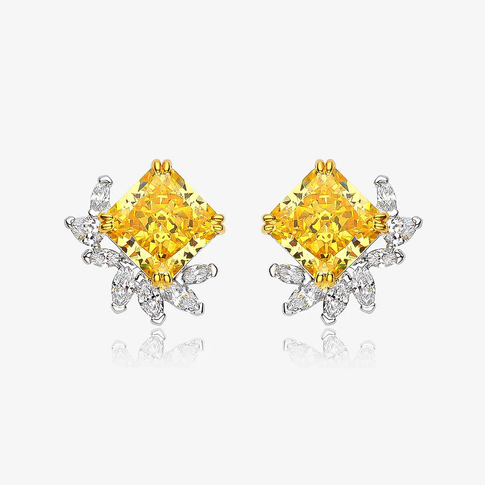 10x10mm 11 Carats Square Yellow 5A Zircon Flower Stud earrings for women S925 Sterling Silver Wedding party Bride jewelry