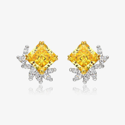 10x10mm 11 Carats Square Yellow 5A Zircon Flower Stud earrings for women S925 Sterling Silver Wedding party Bride jewelry