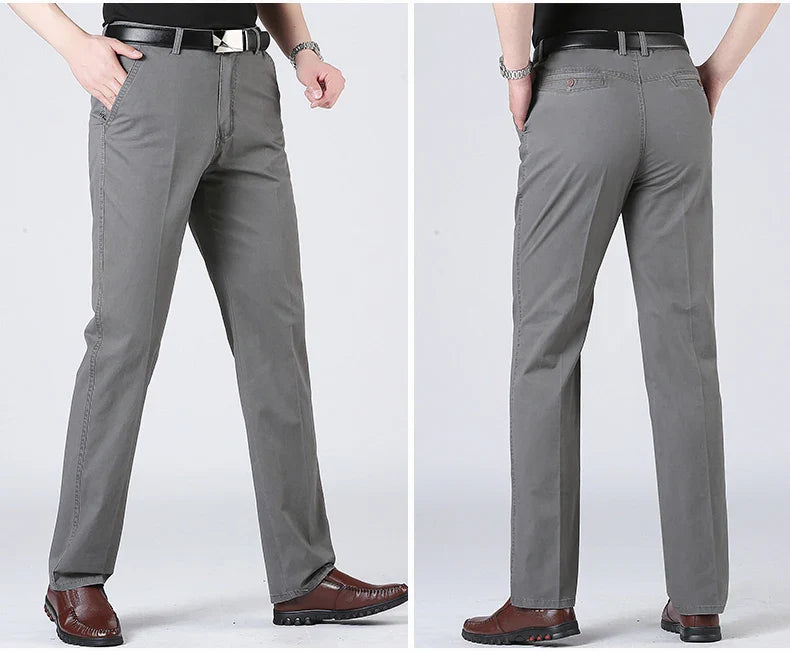 Cotton Pants Men's Straight Leisure Business Trousers Solid Autumn Winter Chinos Belted Pants Dad Elderly Formal Trousers