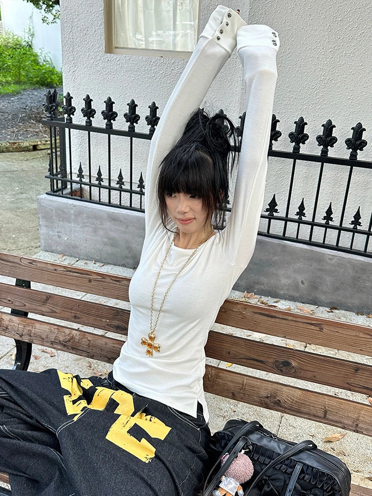 American Retro Print T-shirt Women Long Sleece Button Graphic Tops Y2k Tops 2000s Japanese Grunge Tops E-girls Autumn