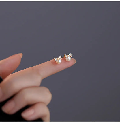Korea Exquisite Vintage Zircon Pearl Bow Sweet Stud Earrings for Women 925 Sterling Silver Jewelry