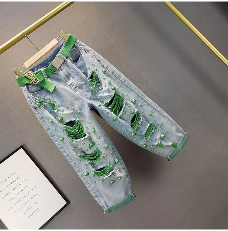 Denim Harem Pants Women Green Pearl High Waist Loose Oversized Jeans