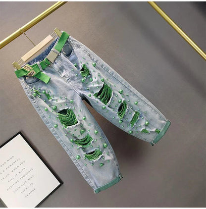 Denim Harem Pants Women Green Pearl High Waist Loose Oversized Jeans
