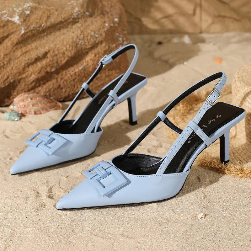 High Quality Blue Metal Embellish Designer Brand Sandal Women Pointed Toe Back Strap Buckle Slide Sandal Elegant Plus Size Mules