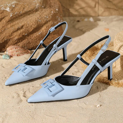 High Quality Blue Metal Embellish Designer Brand Sandal Women Pointed Toe Back Strap Buckle Slide Sandal Elegant Plus Size Mules