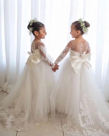 Communion Girl Dress Lace Appqulies Bodice Floor-length Skirt Puffy Dress with Long Train Formal Party Toddler Clothe