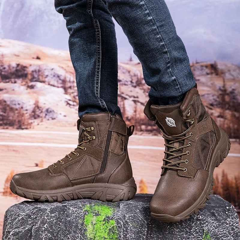 Brand High-Top Leather Men's Boots Breathable Desert Combat Men Work Ankle Outdoor Non-slip Hiking Boots Men's Motorcycle Boots