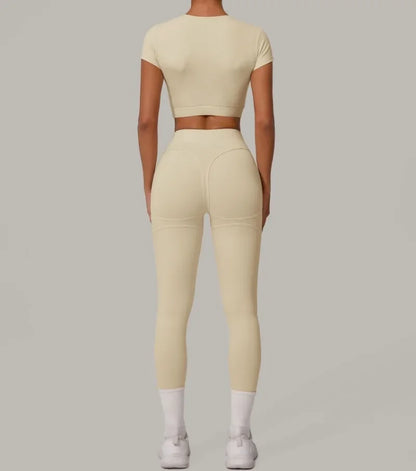 Gym Workout Yoga Fitness Sports Suit Short-sleeved Top Padded-free High-waisted Hip-lifting Trousers Outdoors Leisure Sportswear