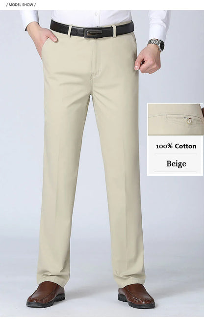 Men's Spring Autumn 100% Cotton Middle-aged Business Trousers Straight Slacks High Waist Dad's Thin Thick Casual Male Suit Pants
