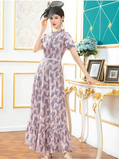 Vintage Short Sleeve Lace Hollow Out Dress For Women Summer Slim Elegant Long Dress Female Clothing Evening Party Dress