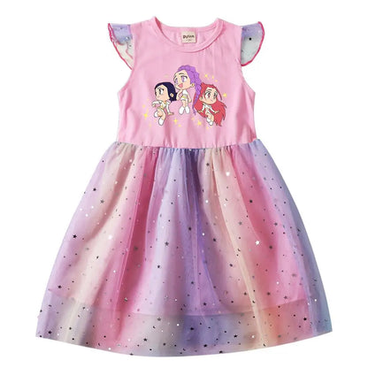 Baby Girls Dress Children Cartoon Mesh Star Sequins Princess Dress Kids Flying Sleeve Skirt For Birthday Gift