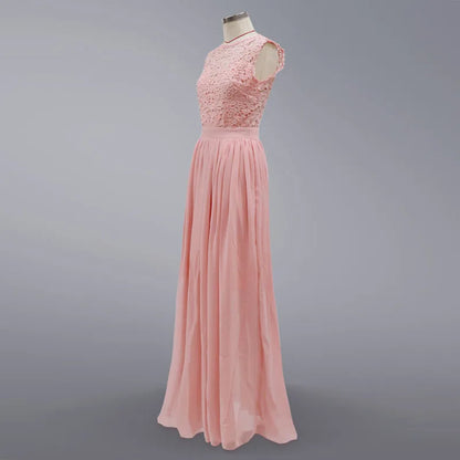 Classic Women Pink Bridesmaid Dresses Elegant Lace Chiffon A Line Illusion Back Maxi Formal Wedding Gust Gowns Formal Evening