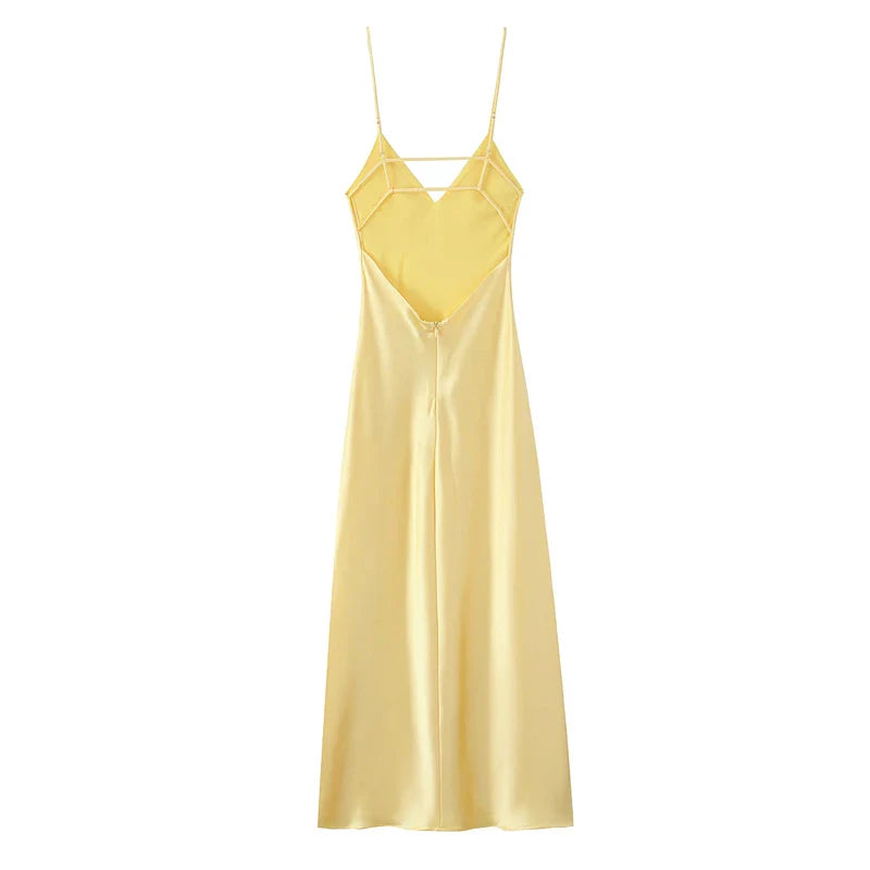 Yellow Dresses Women Satin V Neck Midi Dress Summer Backless Strap Slip Dresses Elegant Evening Party Dress 2025 Vestidos