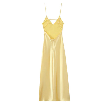 Yellow Dresses Women Satin V Neck Midi Dress Summer Backless Strap Slip Dresses Elegant Evening Party Dress 2025 Vestidos