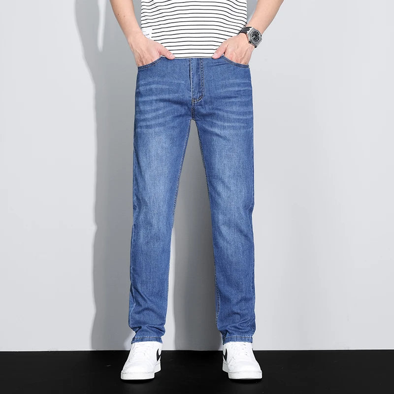 Men's Ice Silk Denim Cargo Pants Summer New Thin Business Casual Jeans Outdoor Y2K All Match Slim Fit Straight Elastic Jean Male