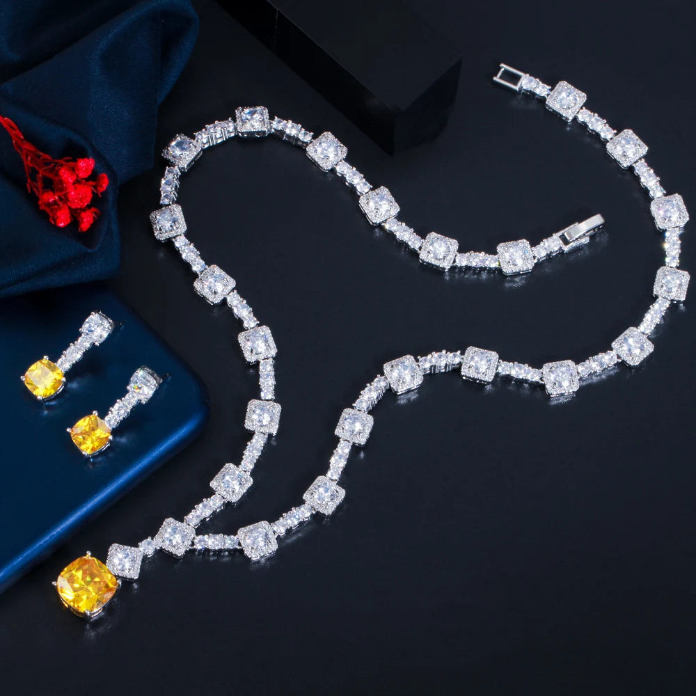 Super Shiny Big Square Yellow Cubic Zirconia Stone Wedding Bridal Necklace Earrings Party Costume Jewelry Sets for Women T0726