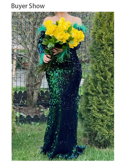 Sparkle Sequin Green Feathers Maxi Cocktail Dress Mermaid Off Shoulder Long Sleeves Stretch Wedding Party Gown Dresses 2025