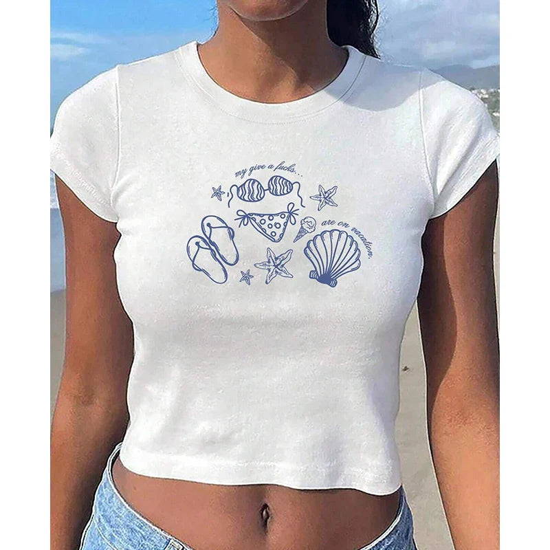 PORTUGAL Cute 2000s Aesthetics Letter Print Blue Baby Tees Y2K Streetwear O-neck Short Sleeve Crop Tops Women Fashion 2023 Slim