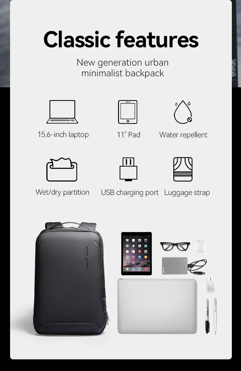 Slim Laptop Backpack for Men Business Minimalist Backpack YKK Zipper Scratch Resistant With USB