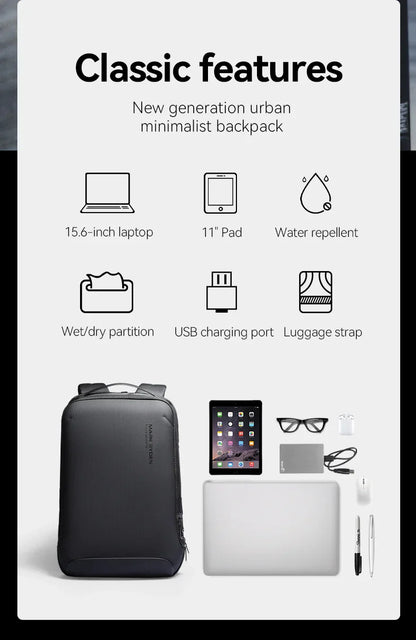 Slim Laptop Backpack for Men Business Minimalist Backpack YKK Zipper Scratch Resistant With USB