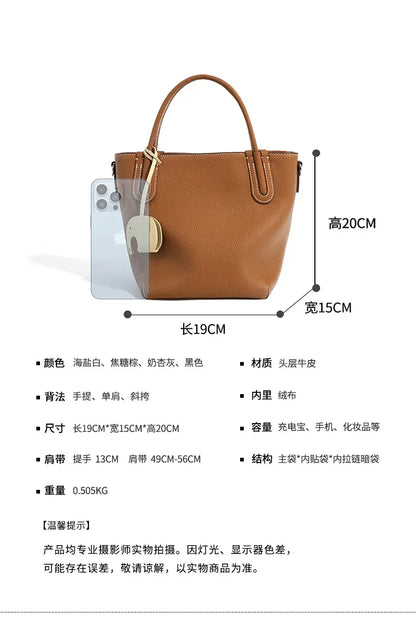 Head Layer Cowhide Vegetable Basket Bag Genuine Leather Cell Phone Crossbody Bag Commuter Shoulder Bucket Bag