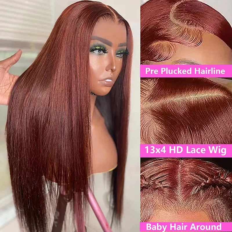 Reddish Brown Straight 13x4 HD Lace Front Human Hair Wigs Brazilian Remy Pre Plucked 30 inch Colored Lace Frontal Wig for Women