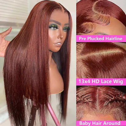Reddish Brown Straight 13x4 HD Lace Front Human Hair Wigs Brazilian Remy Pre Plucked 30 inch Colored Lace Frontal Wig for Women