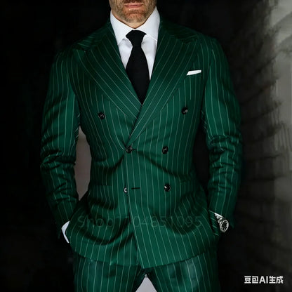 Men's 2-Piece Suit Set Slim Fit Double Breasted Lapel Formal Grey Blue Marine High Quality Jacket And Trousers Ensemble