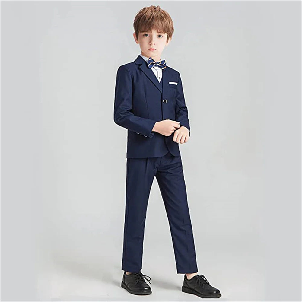 Vintage Boy's 4 Pieces Suit Set Jacket Vest Pants Bow-tie Kids Formal Tuxedo Slim Fit Slit Pocket Child Blazer Suits