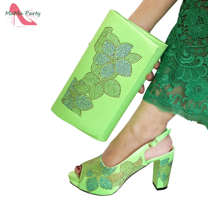2024 Italian Design Shoes and Bag Set in Pink Color High Quality New Arrivals with Shinning Crystal for Wedding Party