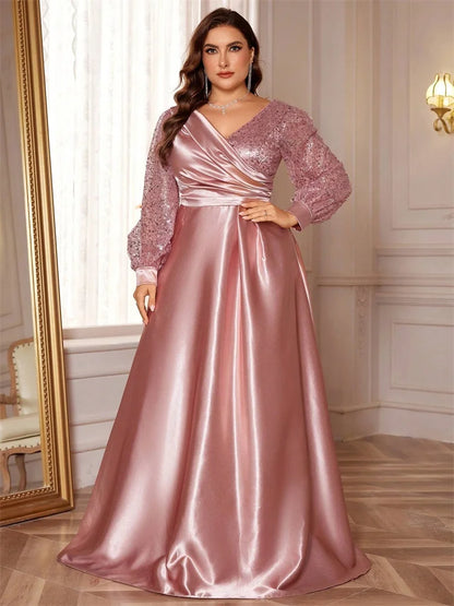 Plus Size Luxury Green V-Neck Sequins Evening Dress Elegant Women Party Maxi Dress Long Sleeve Cocktail Gowns Prom
