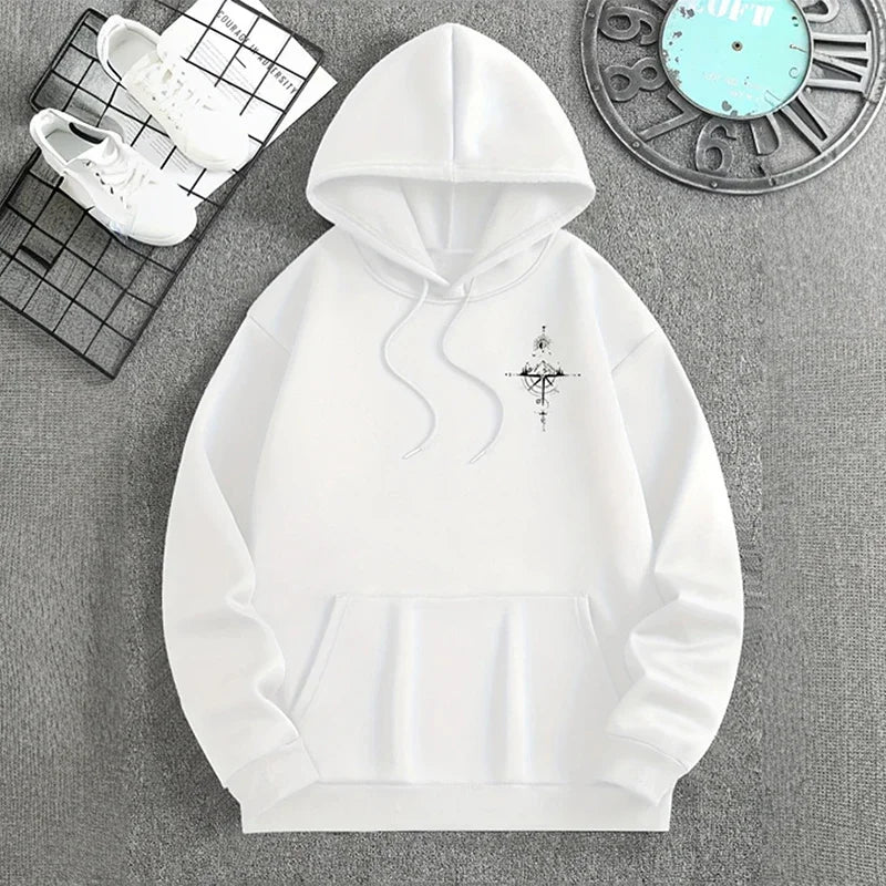 Vintage Compass Print Hoodies for Men High Quality Hooded Long Sleeve Pullover All Season Daily Casual Sports Tops Men's Clothes