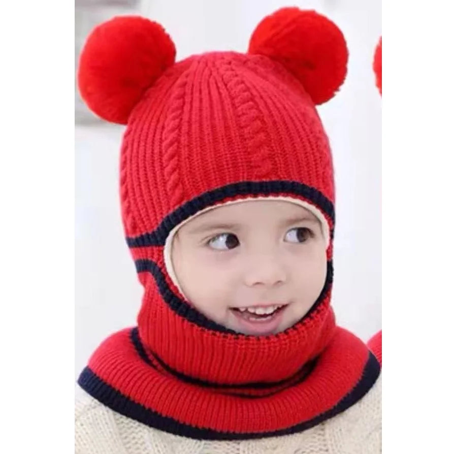 2-4year kid's knitted hat winter warm woolen hat  mask scarf one-piece