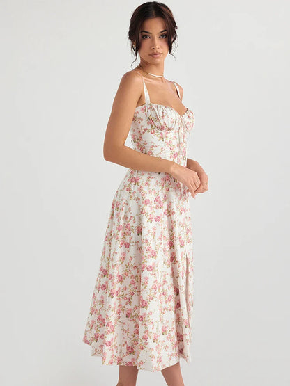 Women's Summer Floral Print Dresses Sweet Elegant Midi Holiday Dress Casual Slit Blue Lace Up Dresses 2023