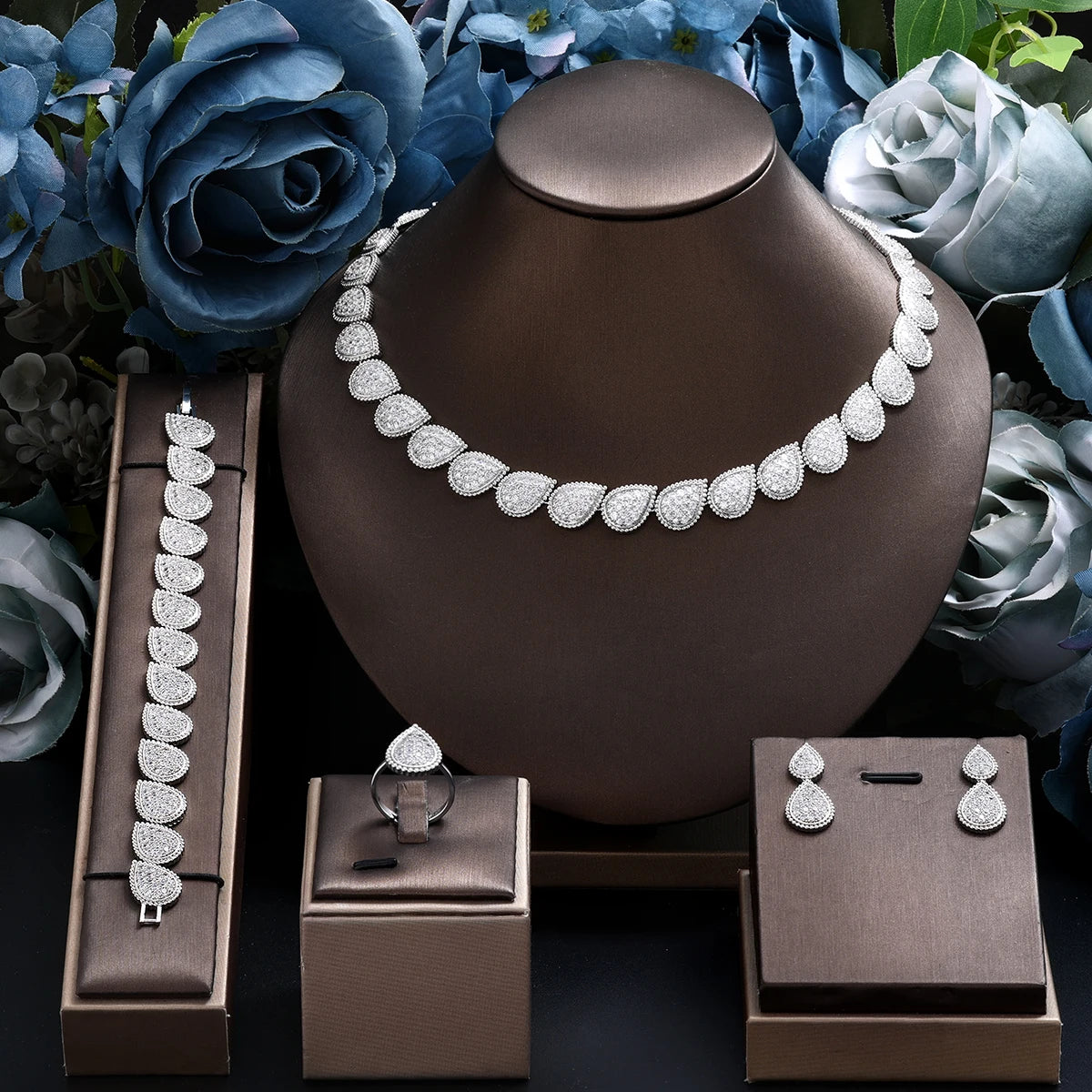 Classic rectangular cubic zirconia wedding necklace and earring set Dubai Nigeria CZ Bridal Jewelry Set