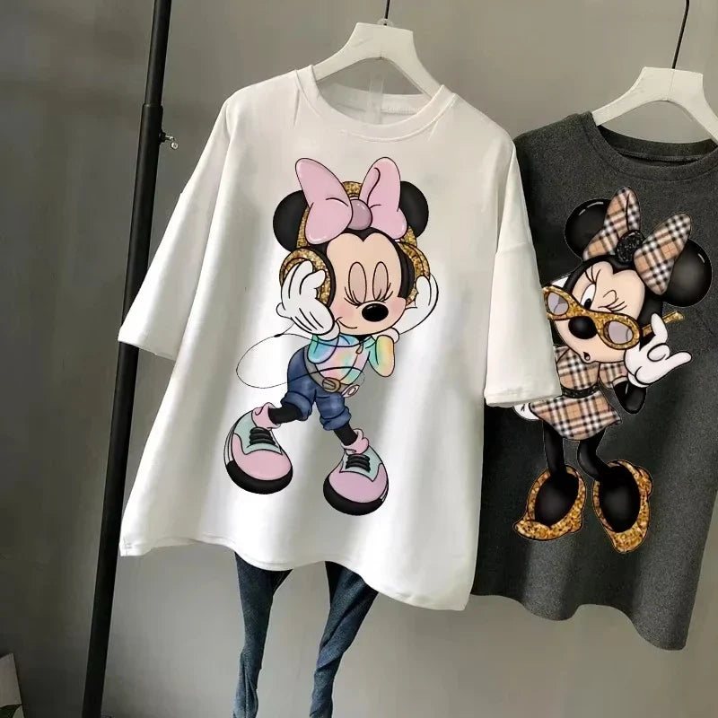 New Minnie Kawaii Fun Women's Printed T-shirt Fashion Summer Cartoon Minnie Top Y2K Women's Extra Large Cotton T-shirt