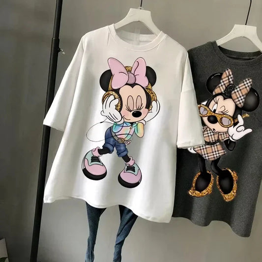 New Minnie Kawaii Fun Women's Printed T-shirt Fashion Summer Cartoon Minnie Top Y2K Women's Extra Large Cotton T-shirt